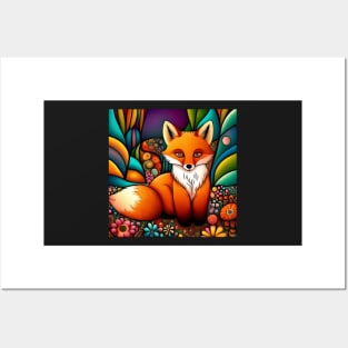 Folk Art Fox With Flowers Posters and Art